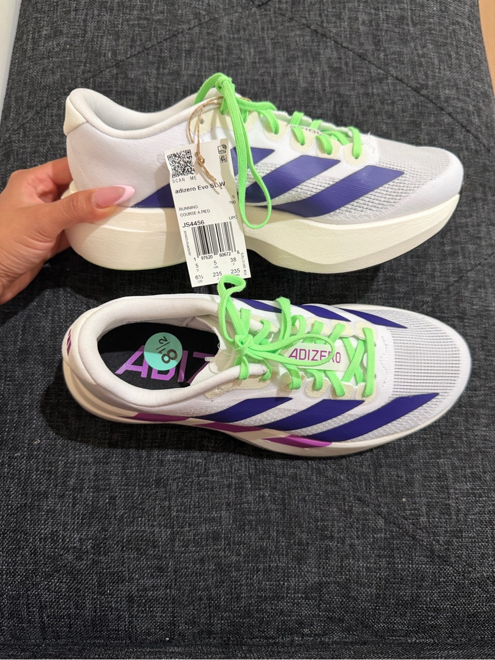 Adidas Adizero Evo SL Running Shoes in White, Purple & Neon Green